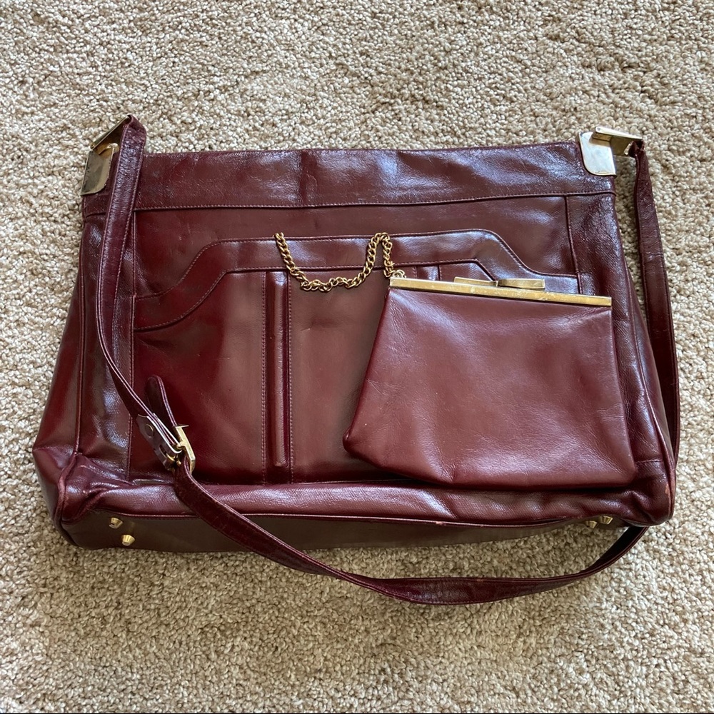 Vintage Lou Taylor Women's Satchel with Matching Coin Purse - Burgundy